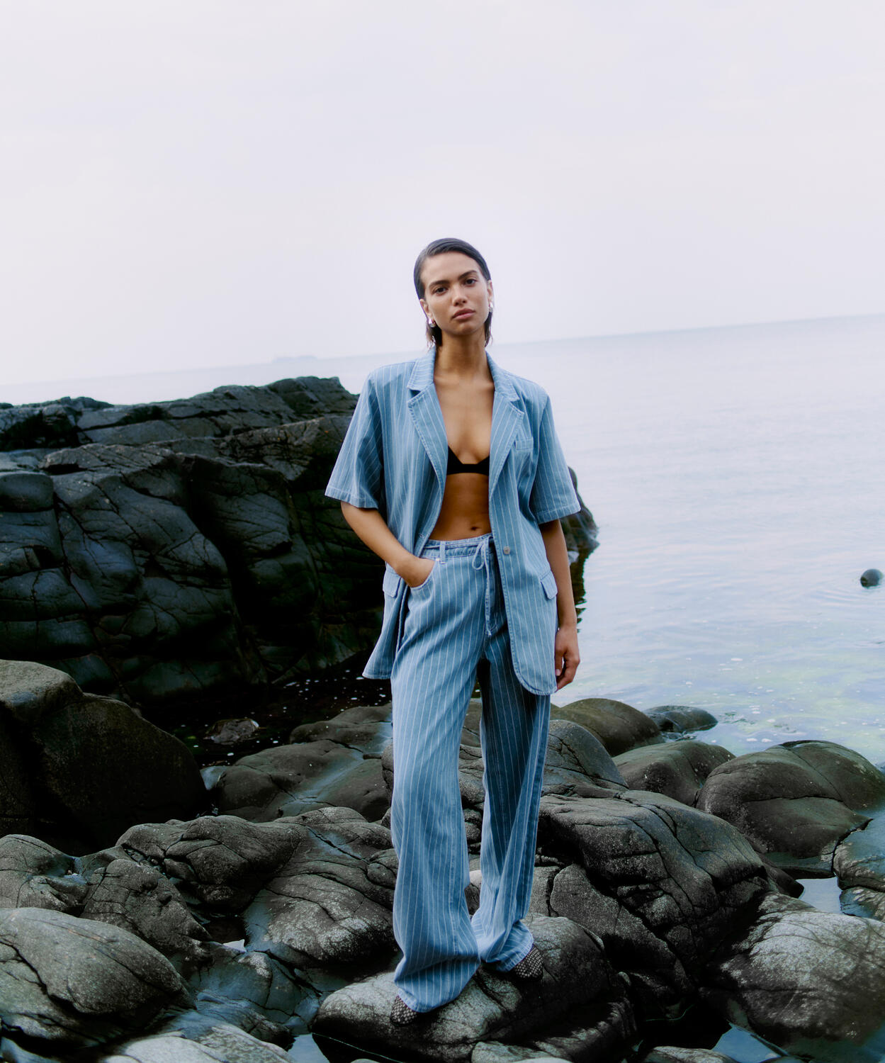 Layne SS kortærmet denimblazer - Light blue denim